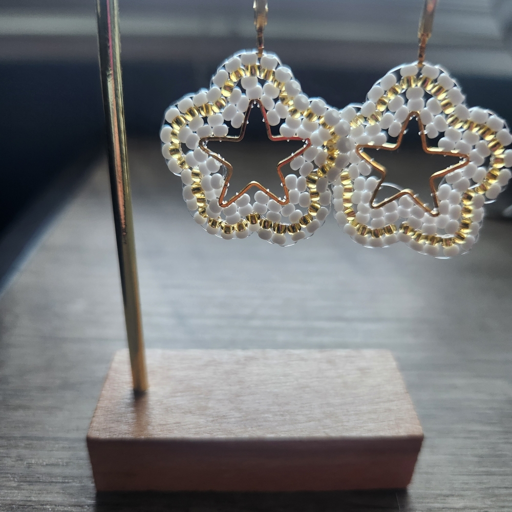 Gold and White Star Earrings